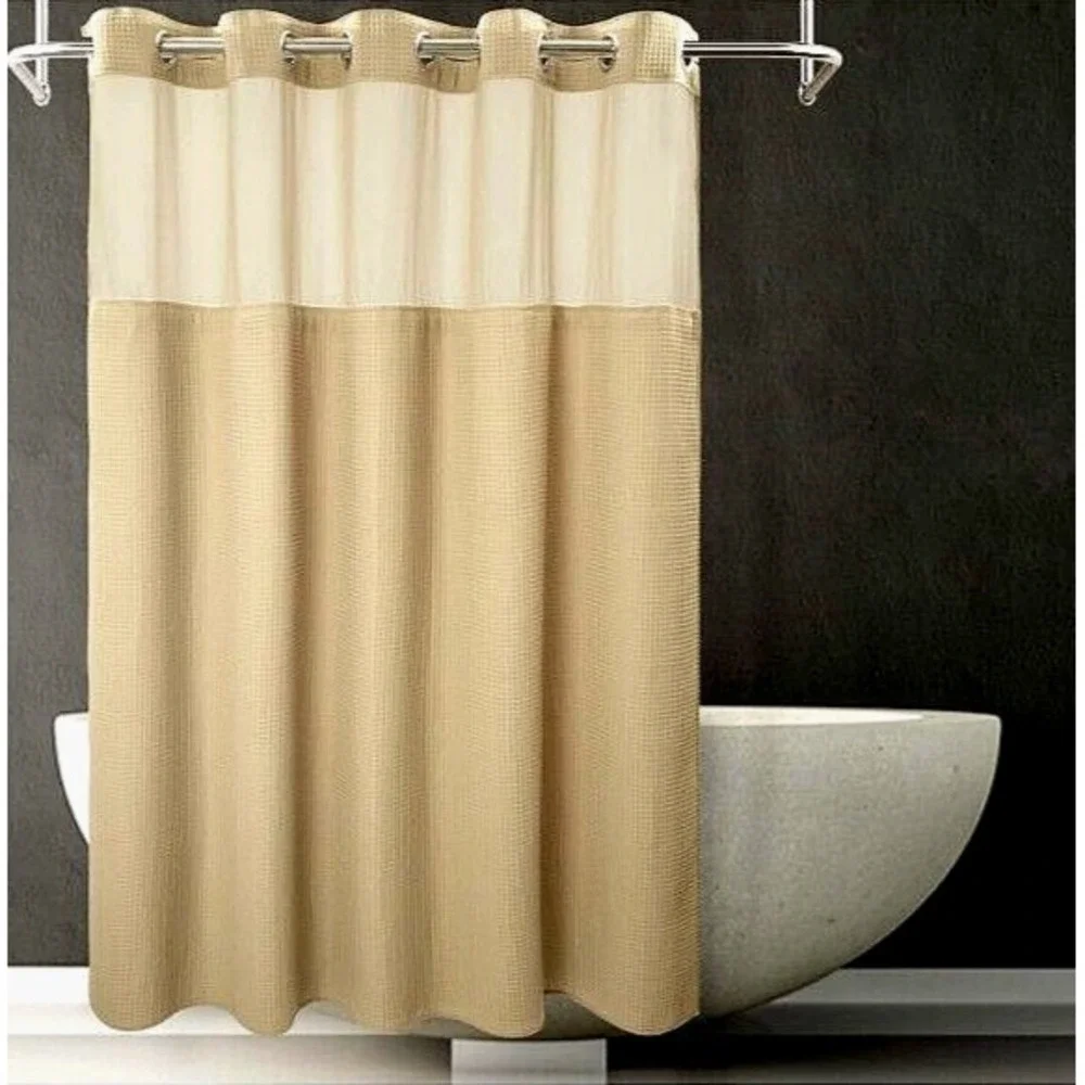 Fab Hotel Type Shower Curtain Beige Fabric Sheer Window w Snap Lower Liner 71x74
